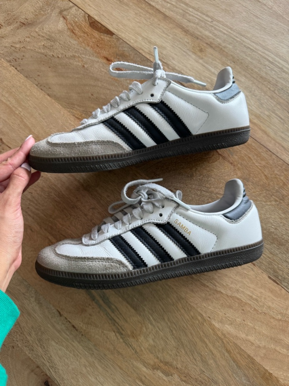 adidas White Sneakers with Black Stripes and Gray Sole